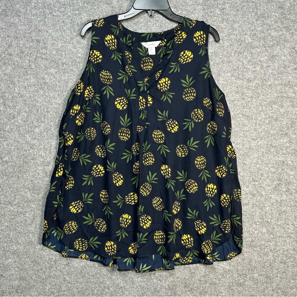 CJ Banks Size X/14 Navy Pineapple Print Sleeveless Flowy Top Pleated Back V-neck